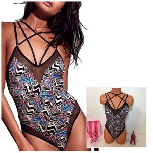 NEW VS STRAPPY FRONT BODYSUIT TEDDY MESH DETAILS